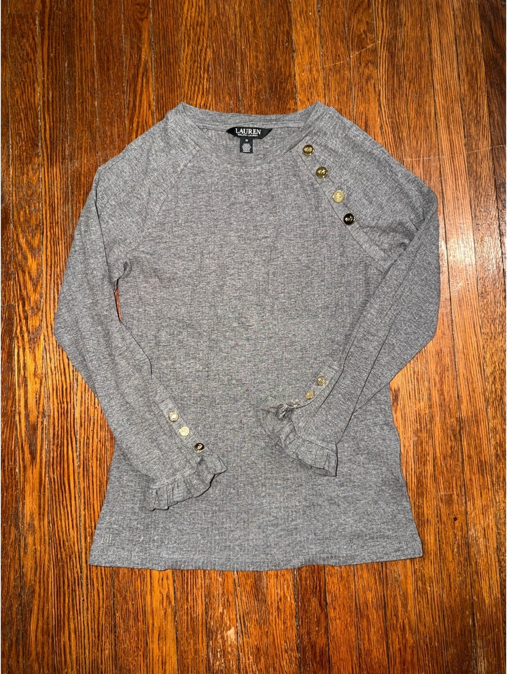 Lauren Ralph Lauren Medium Black Label Button-Trim Rib-Knit Cotton-Blend Top